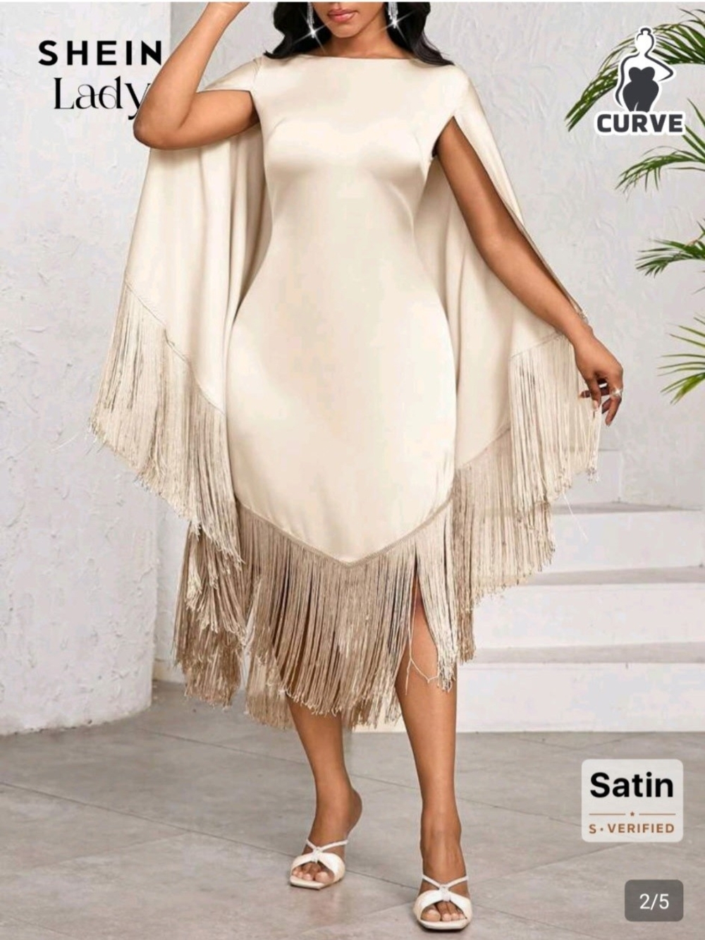 SHEIN Cream Satin Fringe Cape Midi Dress - Curve